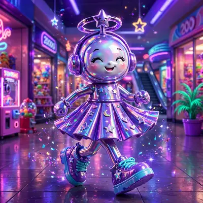 a mini-skirt icon strutting down a mall corridor in candy-coated 2000s commercial art, frozen in a flash of early-2000s magic. Blacklight ultraviolet