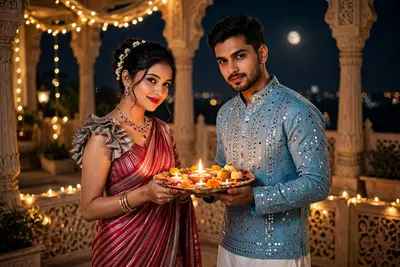 Ultra hyper-realistic DSLR cinematic half-body portrait of a 20-year-old slim-fit Indian couple on a luxurious royal terrace at night, celebrating