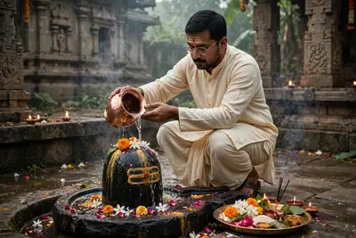 A cinematic, ultra-realistic photo of a traditional Hindu man performing a sacred ritual at a temple. He is (use uploaded face) wearing a