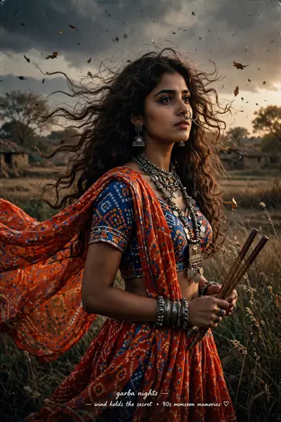 Aesthetic: A retro, duppata and oxidised jewelry. vintage, grainy, but bright look with a "Pinteresty aesthetic garba look" reminiscent of a 90s