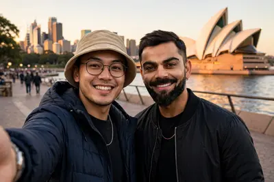 Ultra-realistic selfie with Virat Kohli in Sydney near the Opera House during golden hour. A person is holding the phone, taking a stylish selfie