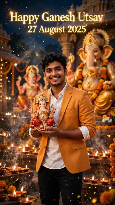 " ultra-cinematic vertical portrait (9:16) — A young Indian man, face and hairstyle matching the reference image, smiling at the camera. He wears a