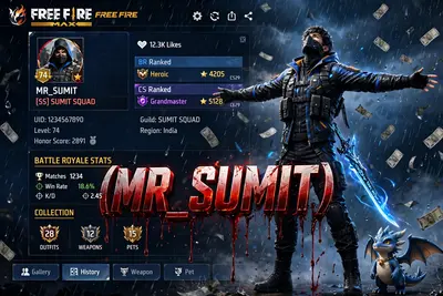 Create a cinematic digital poster for a Free Fire MAX player. In the background, clearly display the uploaded profile screenshot without hiding or