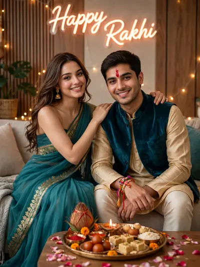 A high-resolution vertical photograph of a brother and sister sitting side by side on a low couch, smiling warmly at the camera during Raksha