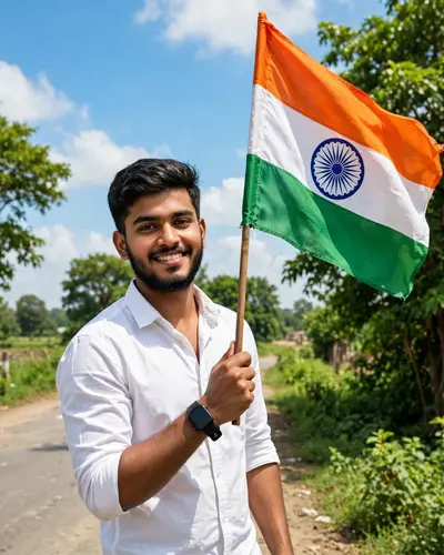 A proud young Indian man standing outdoors by a roadside, confidently holding and waving the Indian national flag (tricolor with saffron, white, and