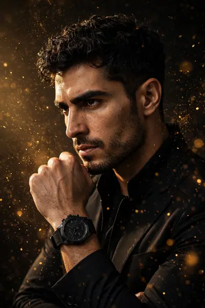 A modern black watch on his wrist. His pose is stylish and bold, with one fist gently raised near his chin. The background features warm, textured