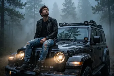 Original image in a black leather jacket and ripped jeans sitting on the hood of a modern black off-road Jeep in a foggy pine forest. The headlights