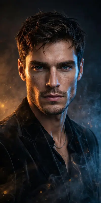 Use this reference image and create a hyper-realistic, close-up portrait of a charismatic male model in a moody, editorial setting. His face is lit