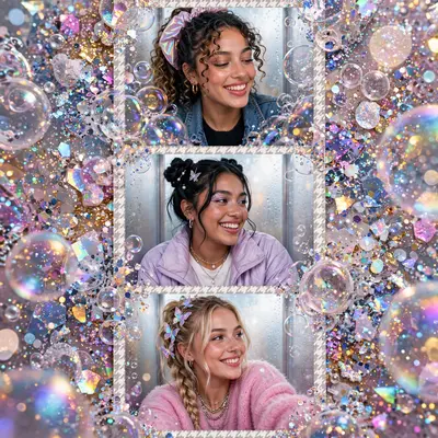 Dreamy glitter-bomb pop collage style scene featuring a photo-booth strip moment with best friends, surrounded by bubbles and sparkle. Frosted window