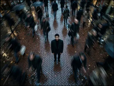 Cinematic overhead shot of me standing still on a brick city sidewalk, wearing a dark oversized blazer. A motion-blurred crowd rushes past around me