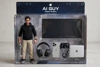 Create an action figure of the person in the photo, next to the figure there should be accessories like gaming headset, iPhone, a camera and a