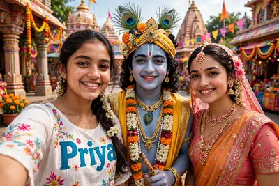 Create a realistic image in which, a realistic 18 year old Girl with Lord Krishna and Radha wearing a colorful white top with his name "Priya"
