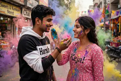 3D realistic A young cute 20 year old indian couple enjoying holi in the middle of the city, the boy is wearing black and white hoodie. The boy's