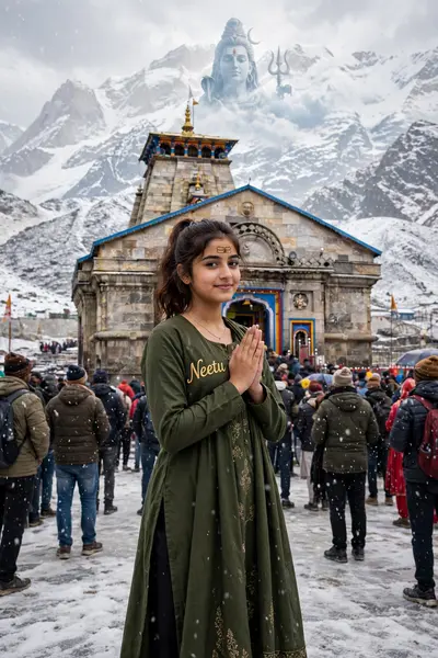 18 year old indian Girl is standing with folded two hand with at the Kedarnath temple. The lord shiva image in low opacity on mountain. A Girl