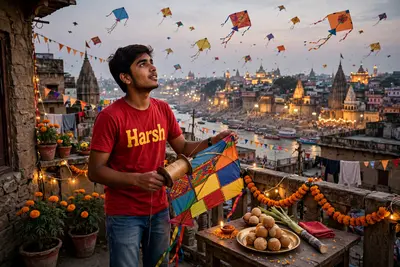 18-year-old Indian boy is wearing a red shirt with 'Harsh' printed in yellow, and jeans. He's holding a colorful kite on his home's balcony in