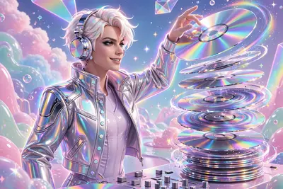 a CD-stack DJ spinning iridescent discs captured in iridescent chrome-futurist illustration, striking a confident pose. Iridescent rainbow rim light