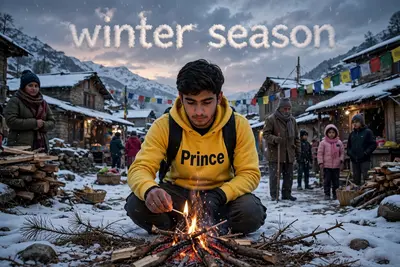 Create a realistic IKAGE of a snowy village in which a 18-year-old Indian boy is wearing a YELLOW hoodie on which the name “Prince” is written in