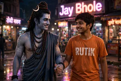 Create an hyper realistic image of 26 year old boy closeup of lord Mahadev holding hand walking with a 20 year old boy wearing a saffron tshirt