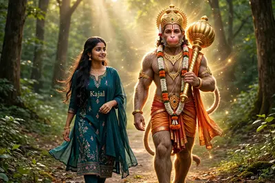 "A realistic depiction of a 21-year-old Indian girl named Kajal, walking gracefully beside a divine and majestic Hanuman Ji. Kajal has medium skin