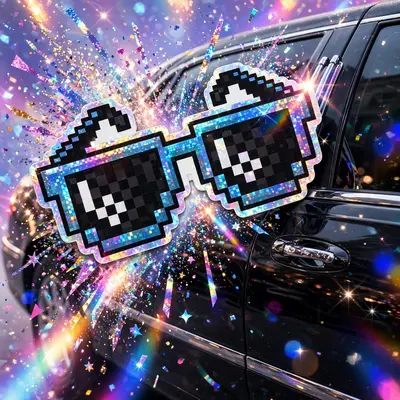 High-shine holographic sticker-book art style artwork of a pixel-sunglasses icon leaning on a limo, glitter exploding around the frame. Dreamy