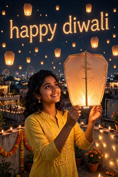 An real 18-year-old Indian cute girl is celebrating Diwali on the roof of her house at night and she is wearing a yellow kurti on which "Roshni" is