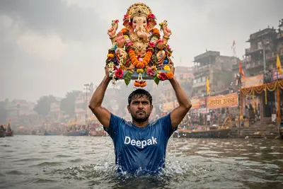 A man named Deepak is standing waist-deep in water, holding a large and colorful statue of Lord Ganesha above his head. The Ganesha statue is