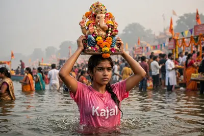 A girl named Kajal is standing waist-deep in water, holding a colorful statue of Lord Ganesha above his head. The Ganesha statue is intricately