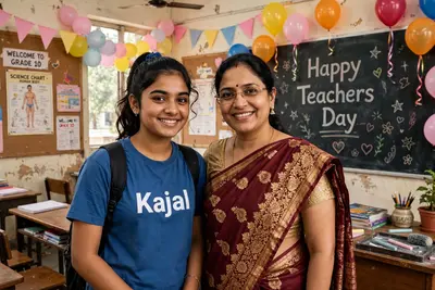 Create image of 18 year old student girl and 35 year old lady teacher standing together. Teacher wearing indian saree , Girl wearing blue tshirt with