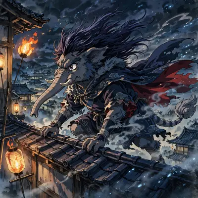 a dream-eater baku prowling the night captured in classic 90s anime OVA style, hair and clothing whipping in the wind. Flickering lantern light casts