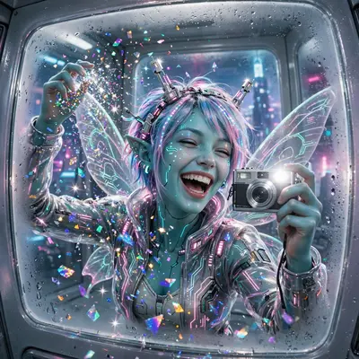 frosted-glass futurism illustration moment with a cyber fairy sprinkling holographic glitter, caught mid-laugh in flash-lit glory. Harsh on-camera