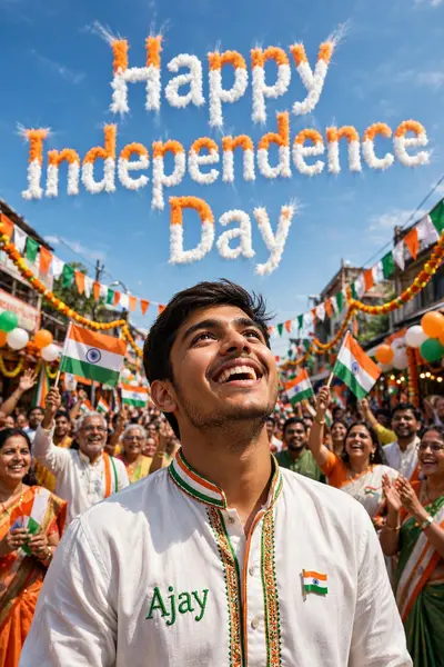 A real 20-year-old boy joyfully celebrates Indian Independence Day. He is wearing traditional Indian outfits with the name "Ajay" written on his