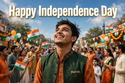 A real 20-year-old boy joyfully celebrates Indian Independence Day. He is wearing traditional Indian outfits with the name "Harish" written on his
