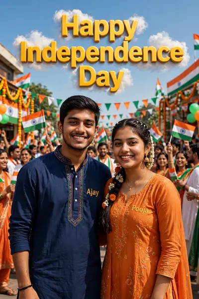 real young couple, Ajay and Pooja stand together, both 20 years old, joyfully celebrate Indian Independence Day. They are wearing indian outfits and