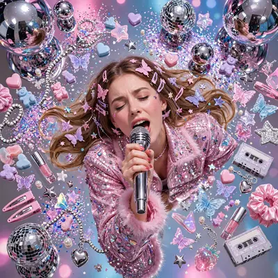 Glossy glossy Y2K digicam aesthetic composition of a karaoke singer belting into a chrome mic, chrome and glitter everywhere. Chrome-ball studio