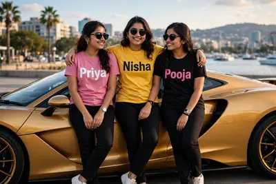 Three real indian 18 year old Indian girl friends are standing leaning against a golden super car, and all three are wearing different pink, yellow