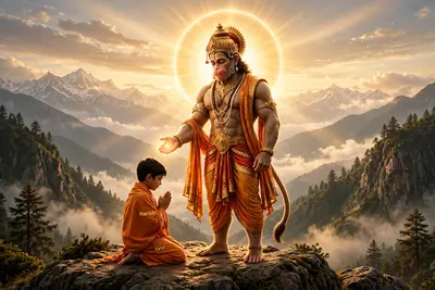 Create a high quality picture depicting Hanuman, the Hindu deity, standing on a rock with a radiant golden halo behind him. Hanuman should be
