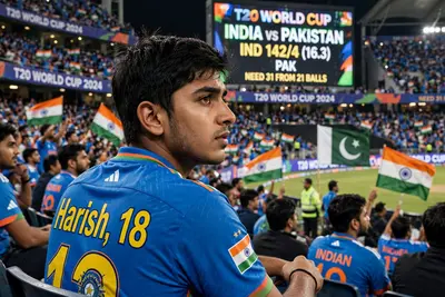 In a vibrant stadium, a 20-year-old boy intently watches the India vs Pakistan T20 World Cup match. He is dressed in an Indian cricket team jersey