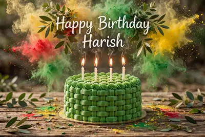 A green birthday cake with a basket-weave pattern sits on a wooden surface, adorned with four lit candles. Above the cake, the words Happy Birthday