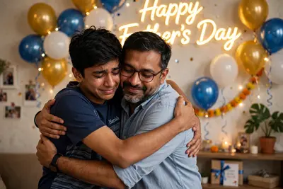Create a realistic high-quality image of an 18-year-old Indian boy named "Harish" hugging his 40 year old father, emotional seen, father's day