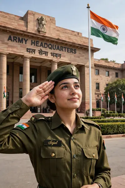 A 20 years old girl Wearing Indian Army Uniform And Salute his Country India Flag and the name written on his Uniform is "Sejal" in beautiful fonts