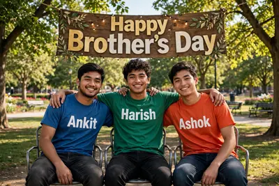18 years old three boys sitting on chair at beautiful park and putting their hand on each other , they are wearing Colored T-shirts on which Name