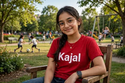16 year old girl sitting on a chair, girls name is "Kajal" wrritten on his red tshirt in bold letters, cute, indian, beautiful, glasses, watch