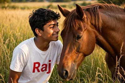An 18-year-old Indian boy named Raj, with warm sunlight on his face, smiles as he leans in to whisper to a beautiful brown horse in a golden field