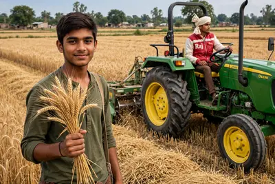 Create 3D realistic image of an 18 year old Indian boy standing in front with wheat in his hand, another driving a John Deere tractor and he cuts