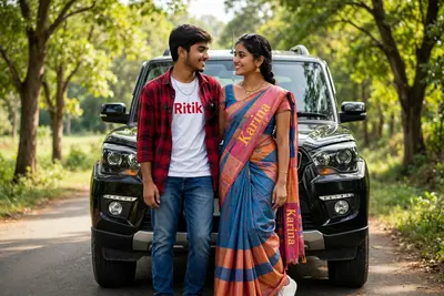 18 years old couple standing in beautiful rod with stylish pose, with eyes to eyes contact with romantic smile, with black Skorpio car. Boy wearing
