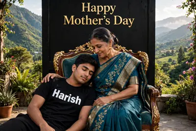 a scene: a woman in her 50s elegantly draped in a saree sits on a regal chair, a young man in his 20s reclining on her lap. Behind them, "Happy