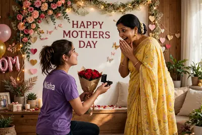 18 years old girl proposing to 40 year old mother, with red roses's. girl wearing Purple t-shirt with name "Nisha" write on back. mother wearing