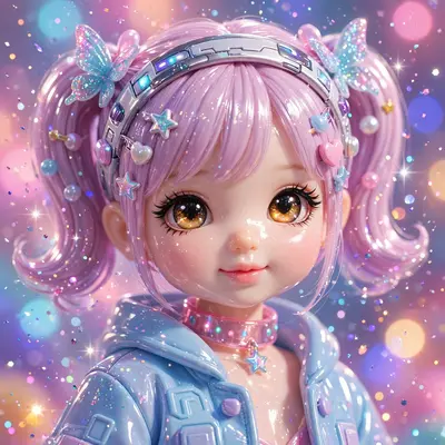 Playful nostalgic Y2K digital art portrait of a cyber doll with glossy plastic shine, glitter drifting through the air. Sparkling glitter bokeh