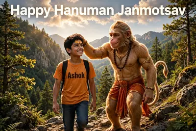 18 years old boy walking and hanuman coming after him and hanuman's hand putting on Boy head on mountains. Both are smiling. boy is wearing saffron