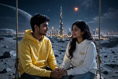 there are 20 Year old couple sitting of front on a swing in the Dubai Burj khalifa view, wearing a yellow and white hoodie,boy with name Kishan